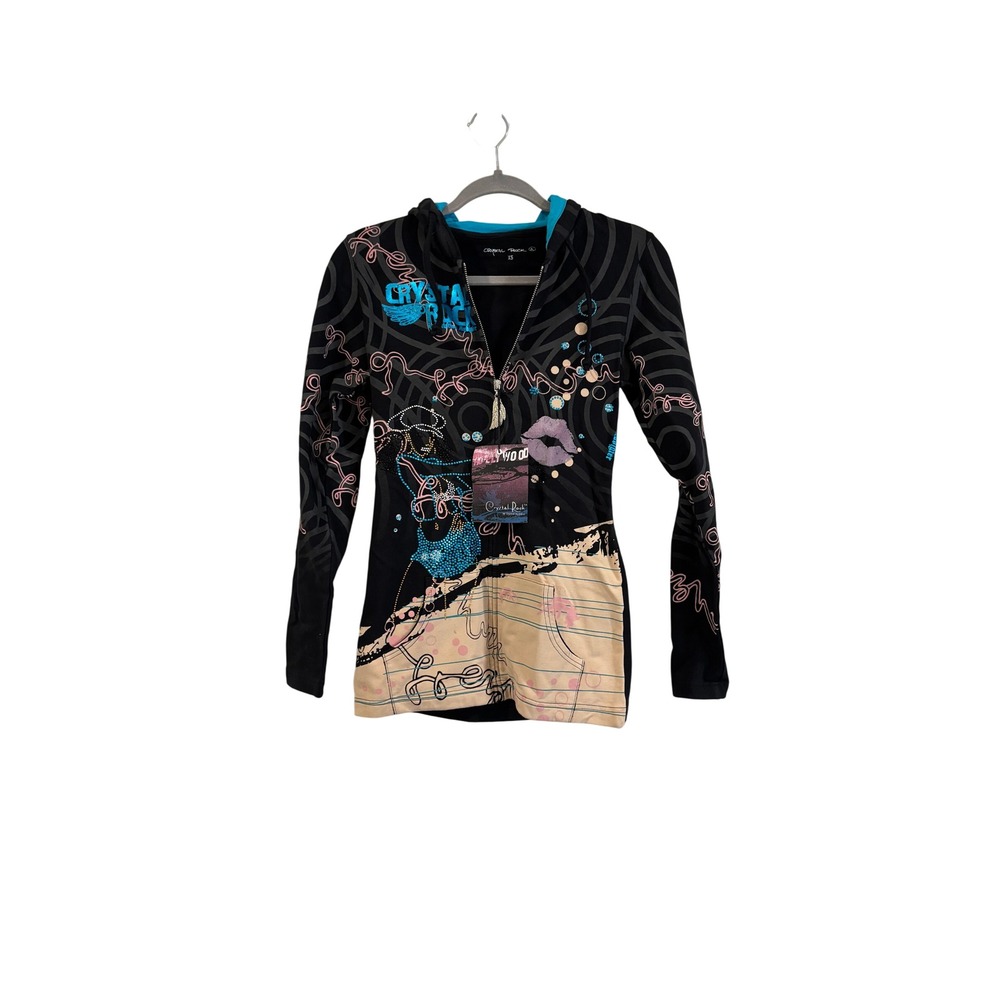 Crystal Rock Zip Up Hoodie Black Christian Audigier Rhinestone Y2K XS NEW